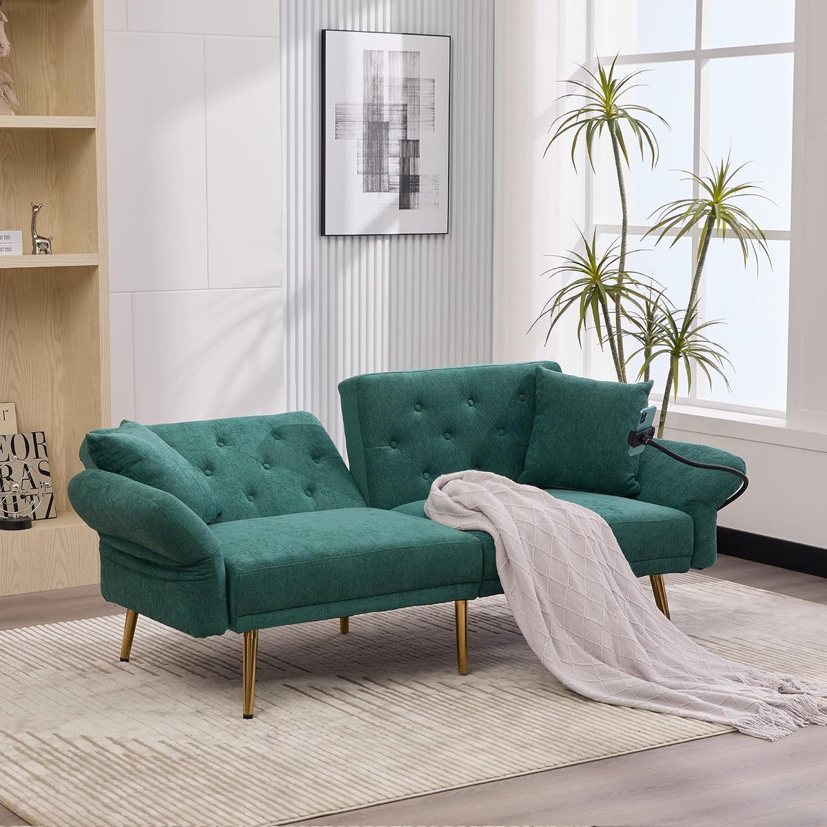 Sofa, OKMYHOME, 78 cm, Szary/Beżowy, metal, 2-osobowa, regulowane oparcie, USB