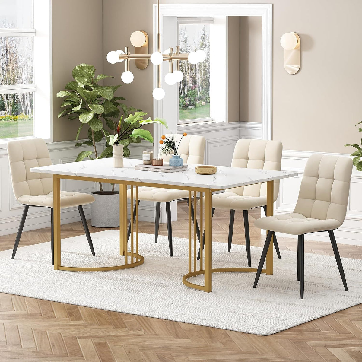 BXEYXE, Zestaw mebli do jadalni, 140 x 80 cm, Złoty/Biały/Beżowy, MDF