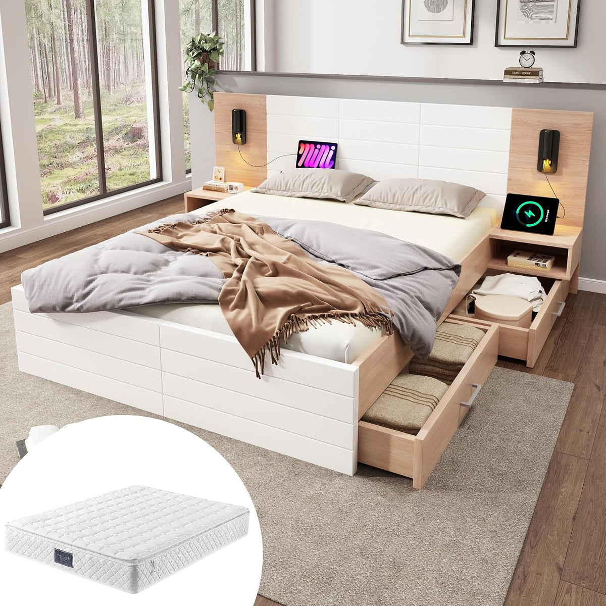 Goldicoo, Materac, 140 x 200 cm, 115,61 kg, Biały/Brązowy, lite drewno, miejsce do przechowywania, 2 szuflad, oświetlenie LED, USB
