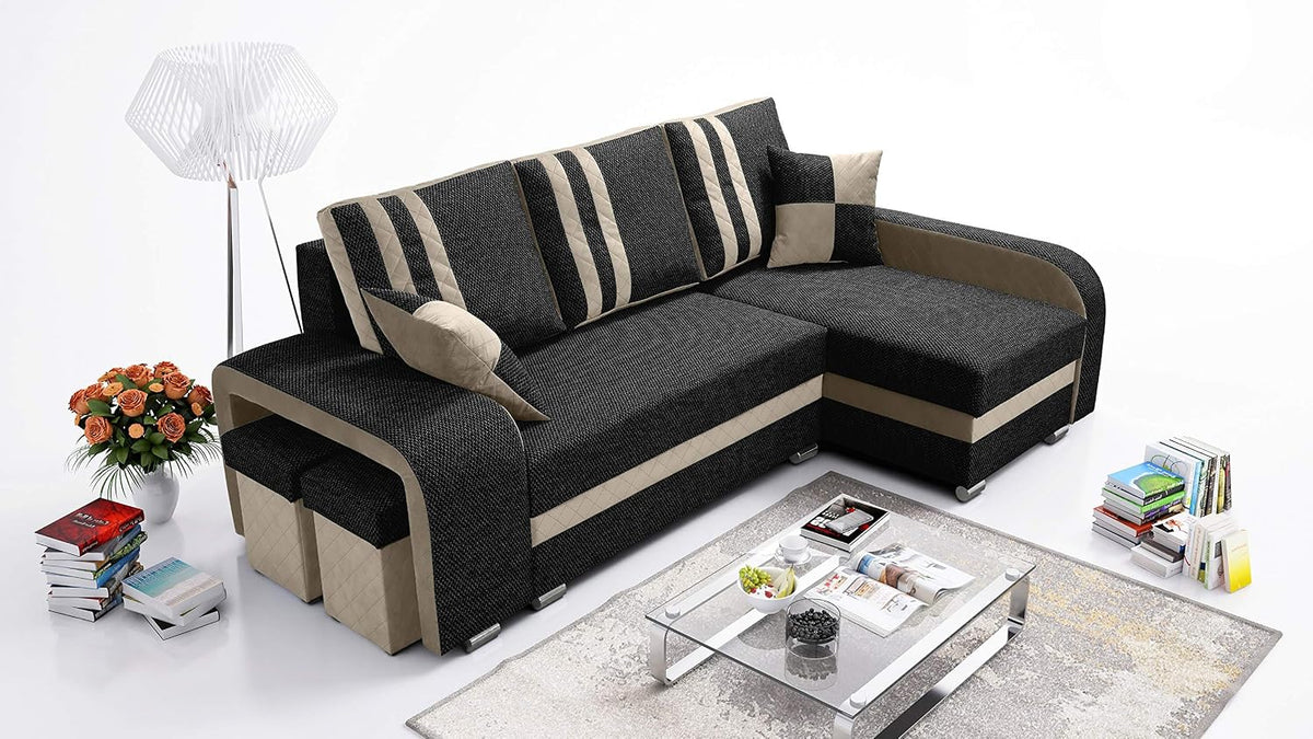 Sofa narożna, Robin, 245 cm, Czarny/Beżowy, funkcja spania