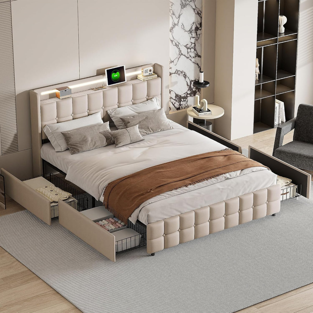 Łóżko tapicerowane, CDQL, 140 x 200 cm, Beżowy, 4 szuflad, oświetlenie LED, USB