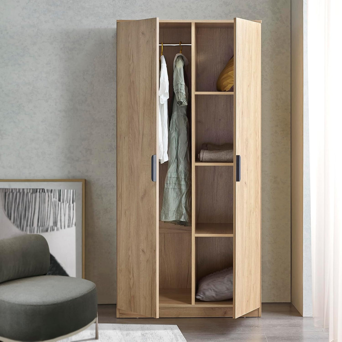 Szafa do sypialni, en.casa, 176 x 80 x 52 cm, Brązowy/Szary, MDF, miejsce do przechowywania
