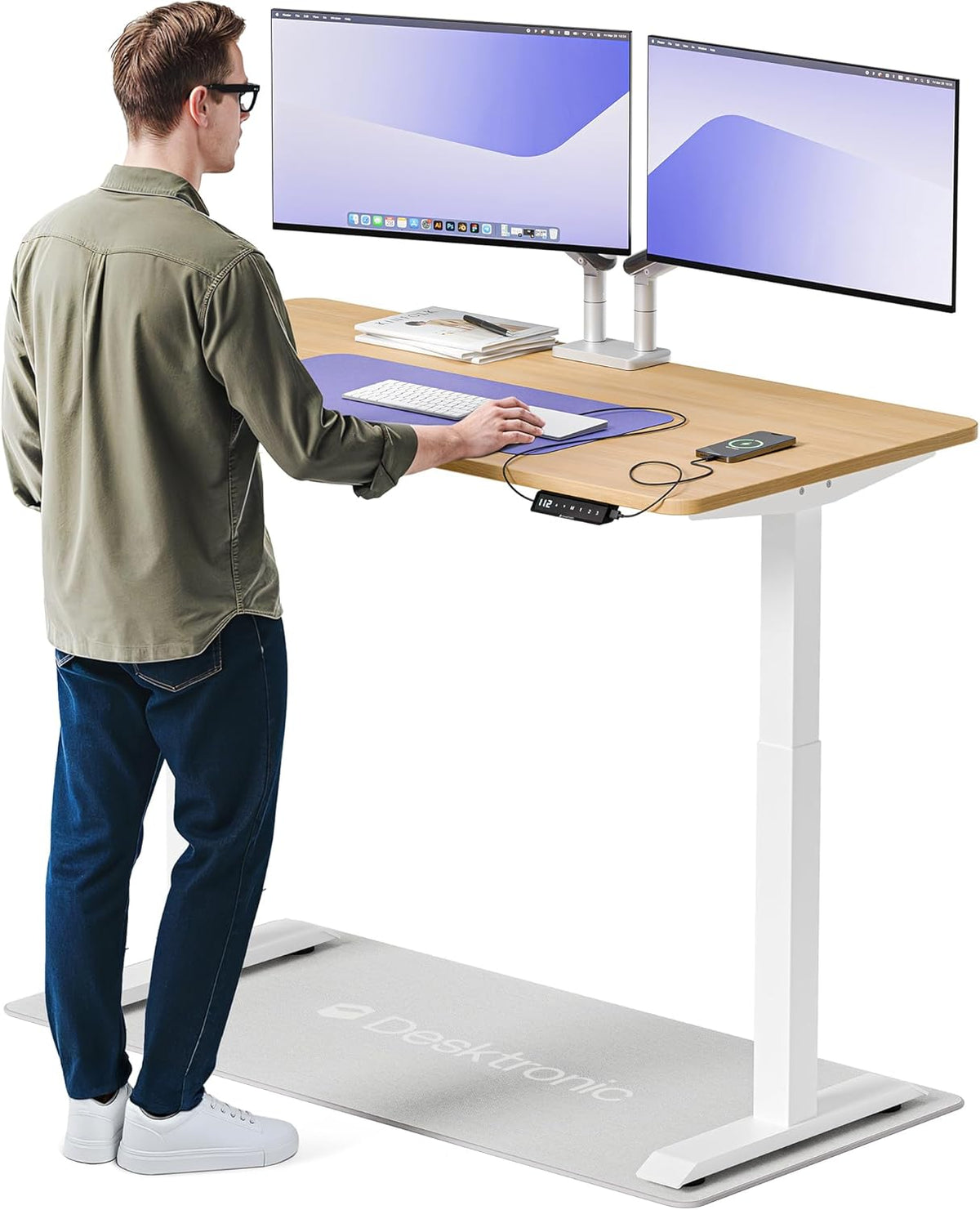Biurko, Desktronic, 140 x 70 cm, Szary/Biały, metal, regulowana wysokość, USB