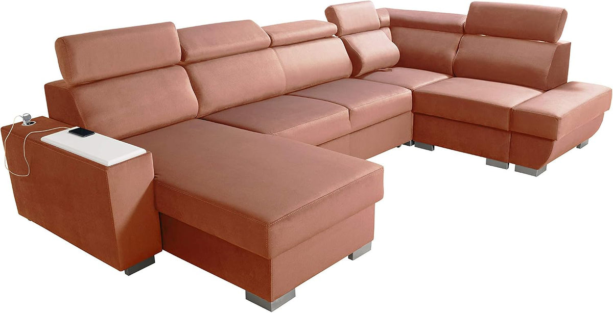Sofa narożna, Robin, 315 cm, Różowy, funkcja spania, USB
