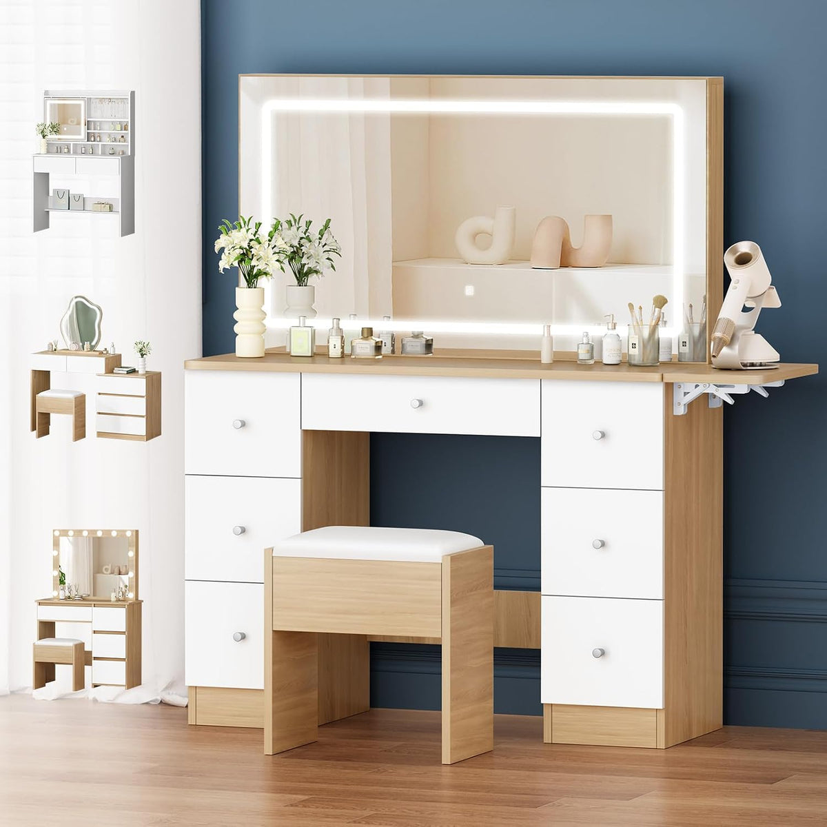 ALFORDSON, Toaletki, 130 x 37 x 137 cm, 12 V, Biały/Beżowy, MDF, 7 szuflad, składana konstrukcja, oświetlenie LED, USB