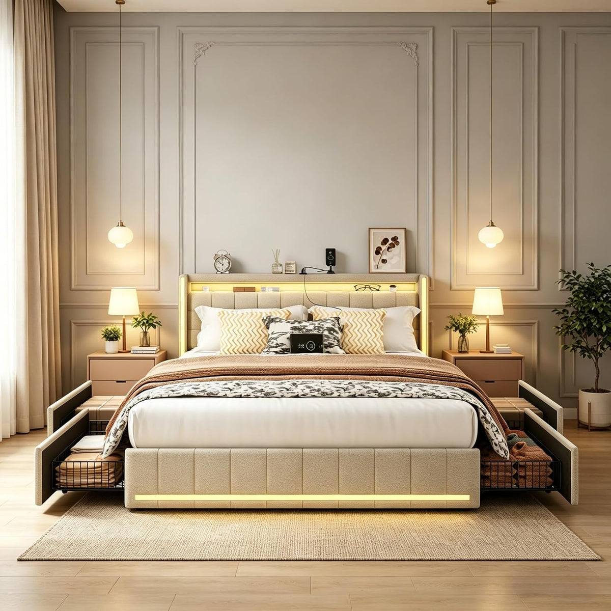 Łóżko tapicerowane, JiaOyu, 180 x 200 cm, Beżowy/Brązowy, metal, 4 szuflad, oświetlenie LED, USB, pilot zdalnego sterowania