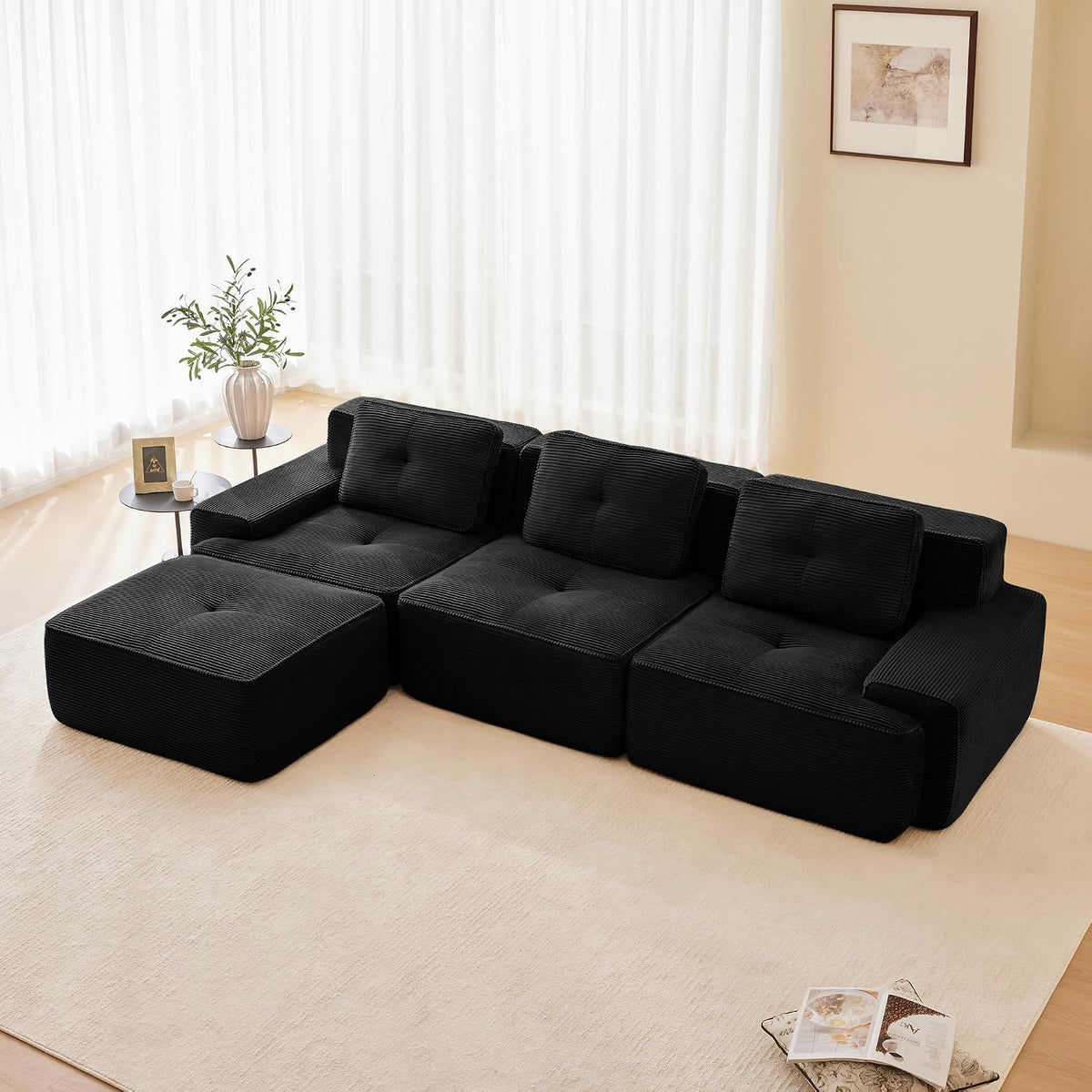 Sofa narożna, Dolamaní, 74 cm, Czarny, sztruks, 3-osobowa, modułowa konstrukcja