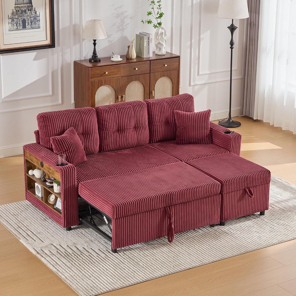Sofa, Dolamaní, 144 x 85 cm, Czerwony/Szary, sztruks, 3-osobowy, funkcja spania, modułowa konstrukcja, oświetlenie LED, USB