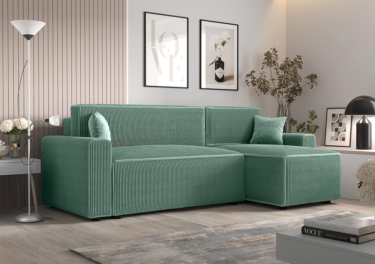 Sofa narożna, 3E 3xE living.com, 252 cm, Szary/Zielony, sztruks, 2-osobowa, funkcja spania