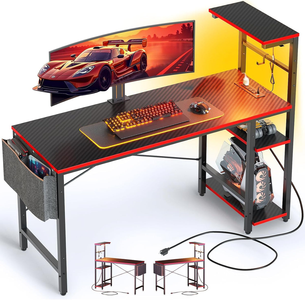 Biurko, Bestier, 117 cm, 1500 W, 120 V, Czarny, oświetlenie LED, USB