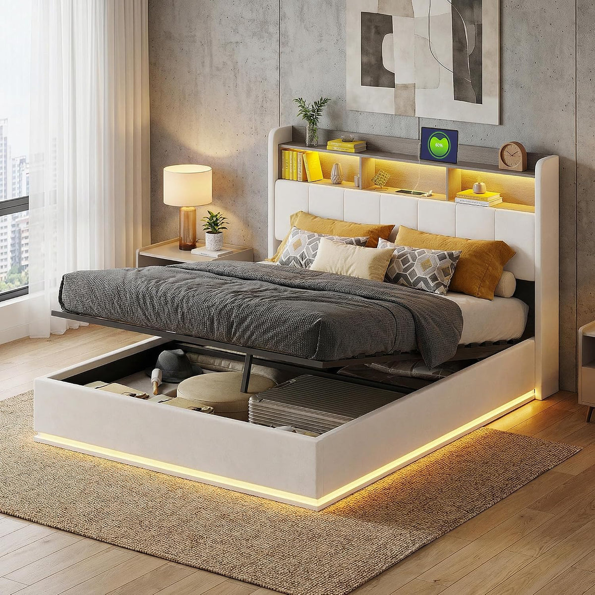 Rama łóżka, Wnvivi, 140 x 200 cm, Biały, aksamit, oświetlenie LED, USB
