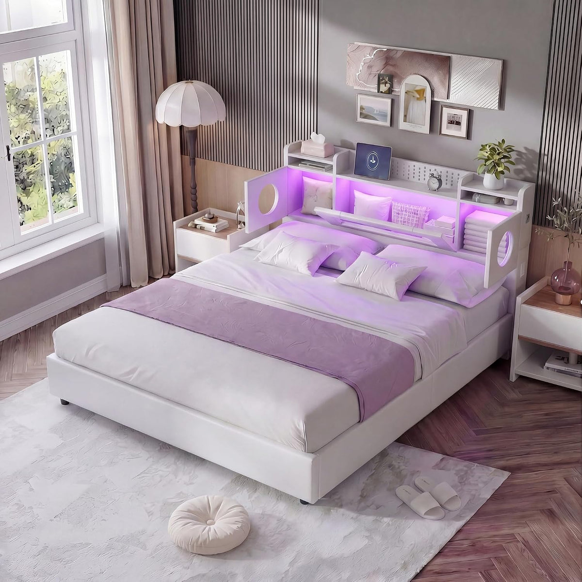 YNYHTER, Łóżko tapicerowane, 140 x 200 cm, Biały, aksamit, oświetlenie LED, USB