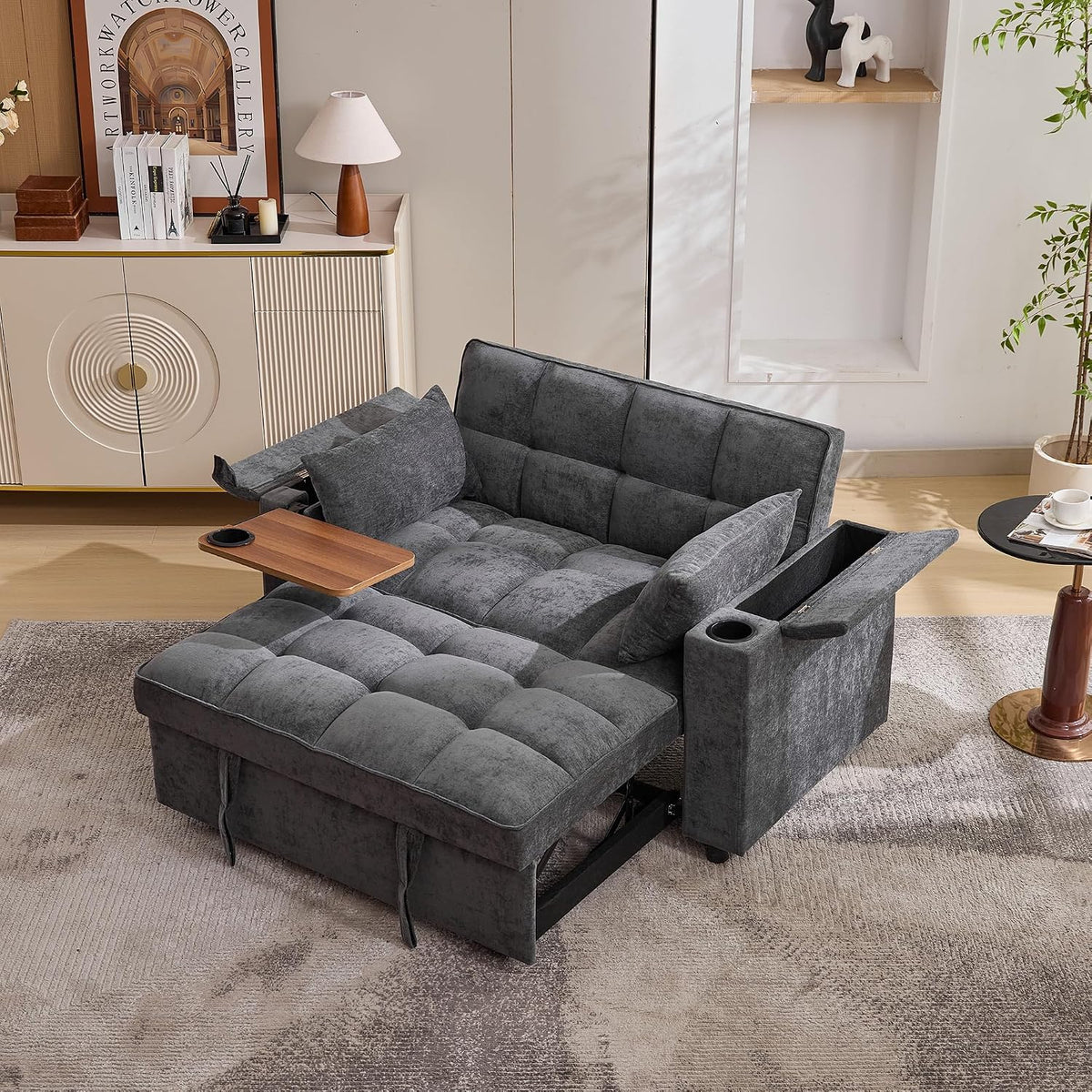 Dolamaní, Sofa, 140,5 x 74 x 82 cm, 3 W, Szary, MDF, 2-osobowa, funkcja spania, regulowane oparcie, składana konstrukcja, USB
