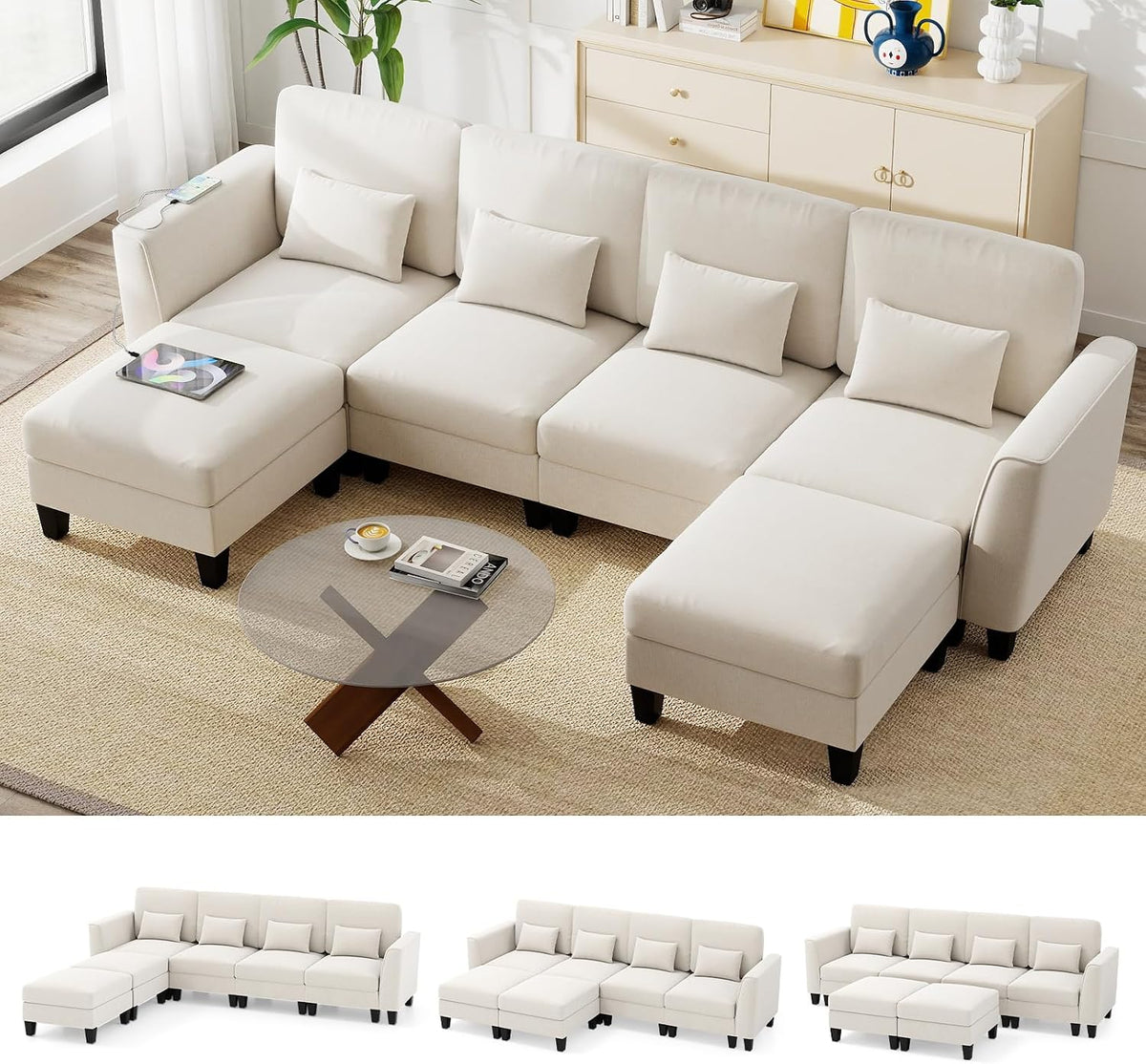 Sofa, COSTWAY, 280 cm, Beżowy, 4-osobowej, funkcja spania, modułowa konstrukcja, USB