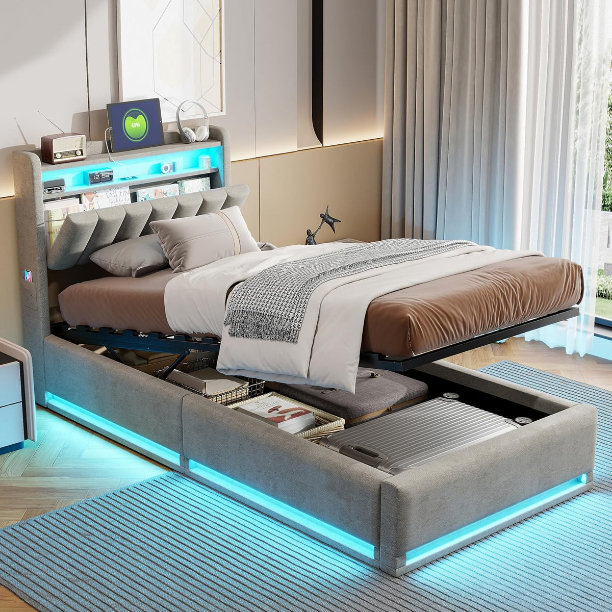 Łóżko tapicerowane, YNYHTER, 90 x 200 cm, Szary, aksamit, oświetlenie LED, USB, pilot zdalnego sterowania