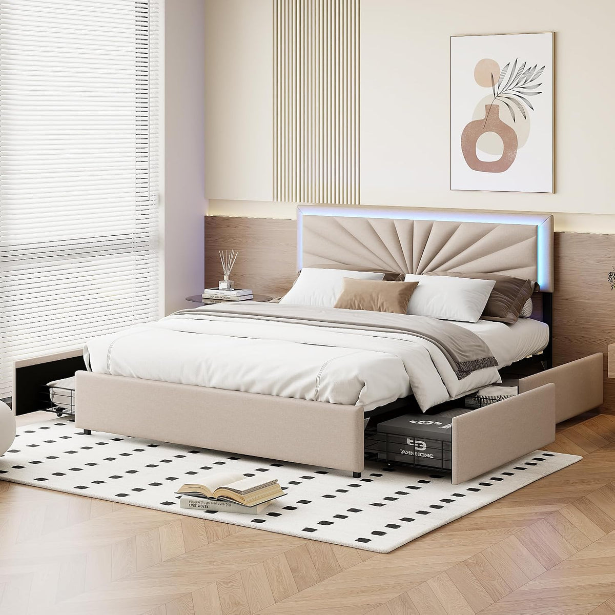 Łóżko tapicerowane, DAHUEN, 140 x 200 cm, Biały/Beżowy, metal, miejsce do przechowywania, 4 szuflad, oświetlenie LED, USB, pilot zdalnego sterowania