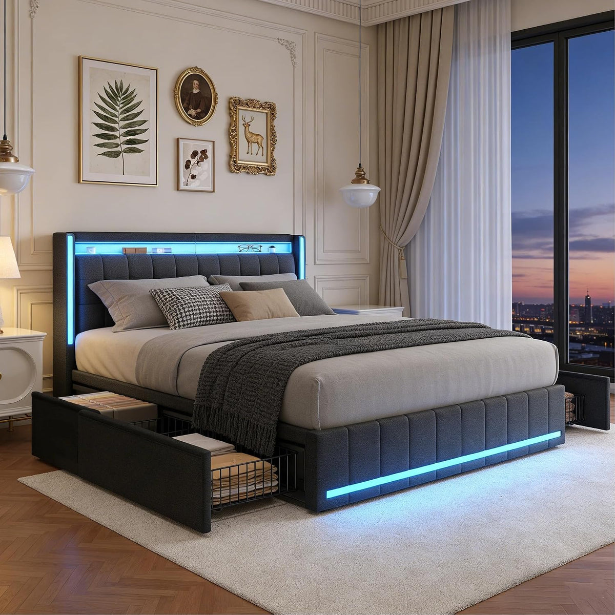 Łóżko tapicerowane, BRILVERDE, 140 x 200 cm, Szary, metal, miejsce do przechowywania, 4 szuflad, oświetlenie LED, USB, pilot zdalnego sterowania