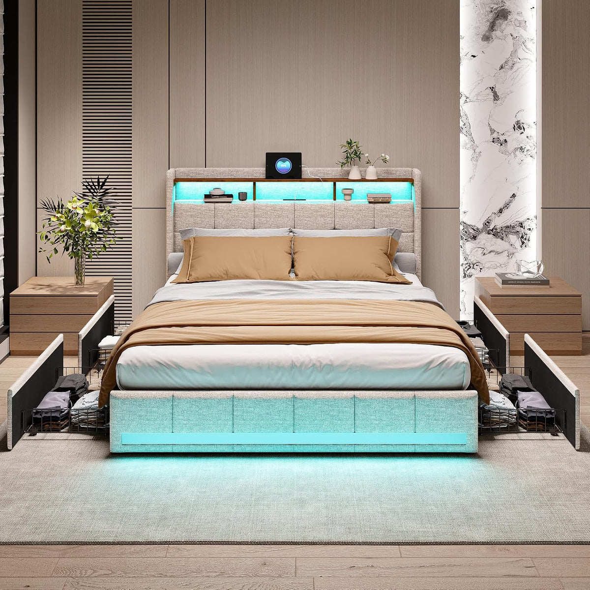 QMTXBYJ, Łóżko tapicerowane, 160x200 cm, Beżowy/Brązowy, aksamit, 4 szuflad, oświetlenie LED, USB, pilot zdalnego sterowania
