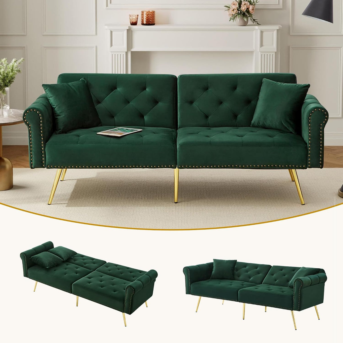 Sofa, Generisch, 150 kg, 147 x 85 cm, Złoty, aksamit, 2-osobowa, funkcja spania, miejsce do przechowywania