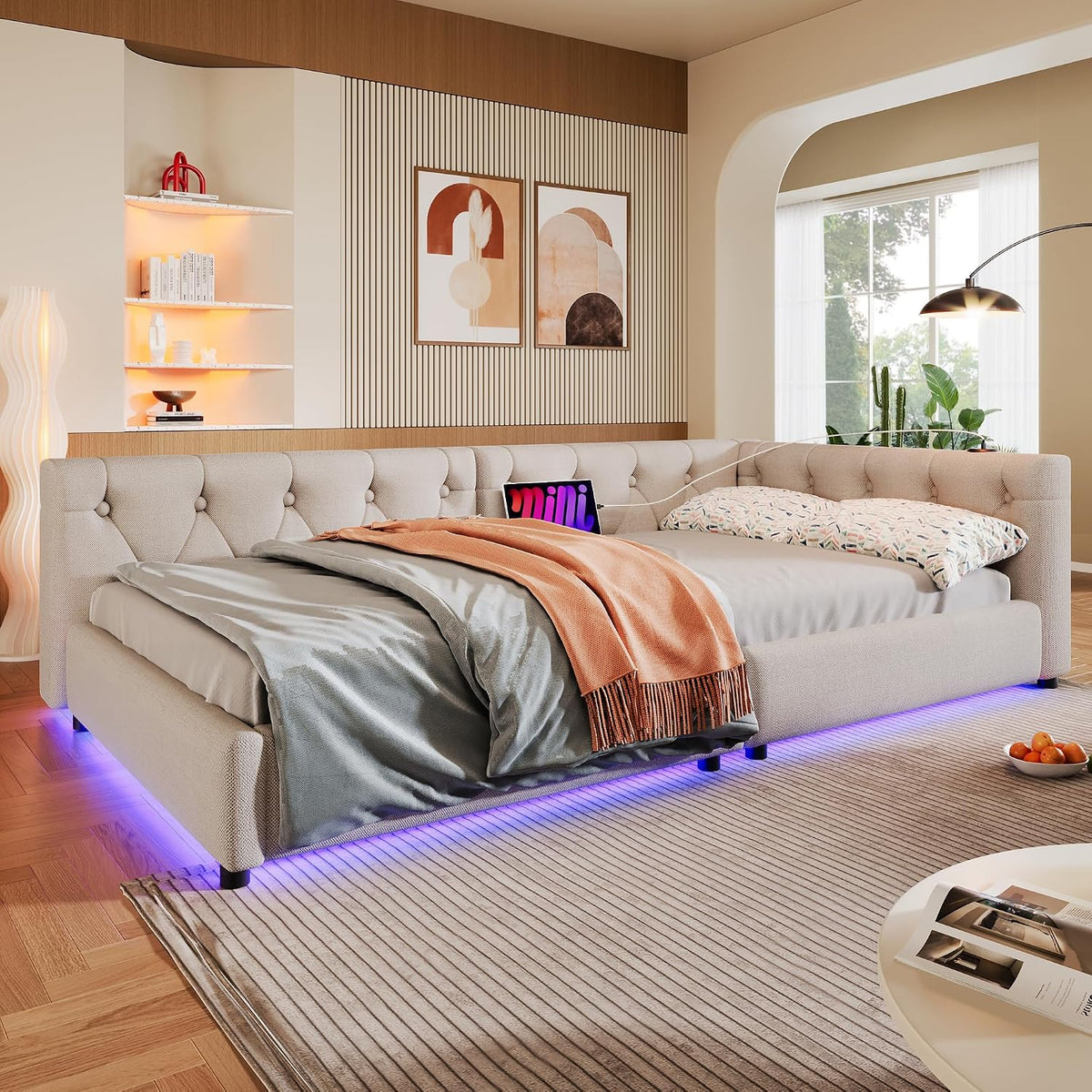 Sofa, Dolamaní, 90 x 200 cm, Beżowy, MDF, oświetlenie LED