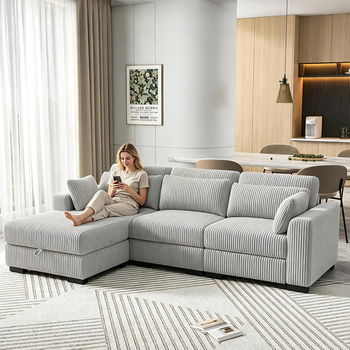 Sofa, YNYHTER, Szary, sztruks, 3-osobowa, modułowa konstrukcja