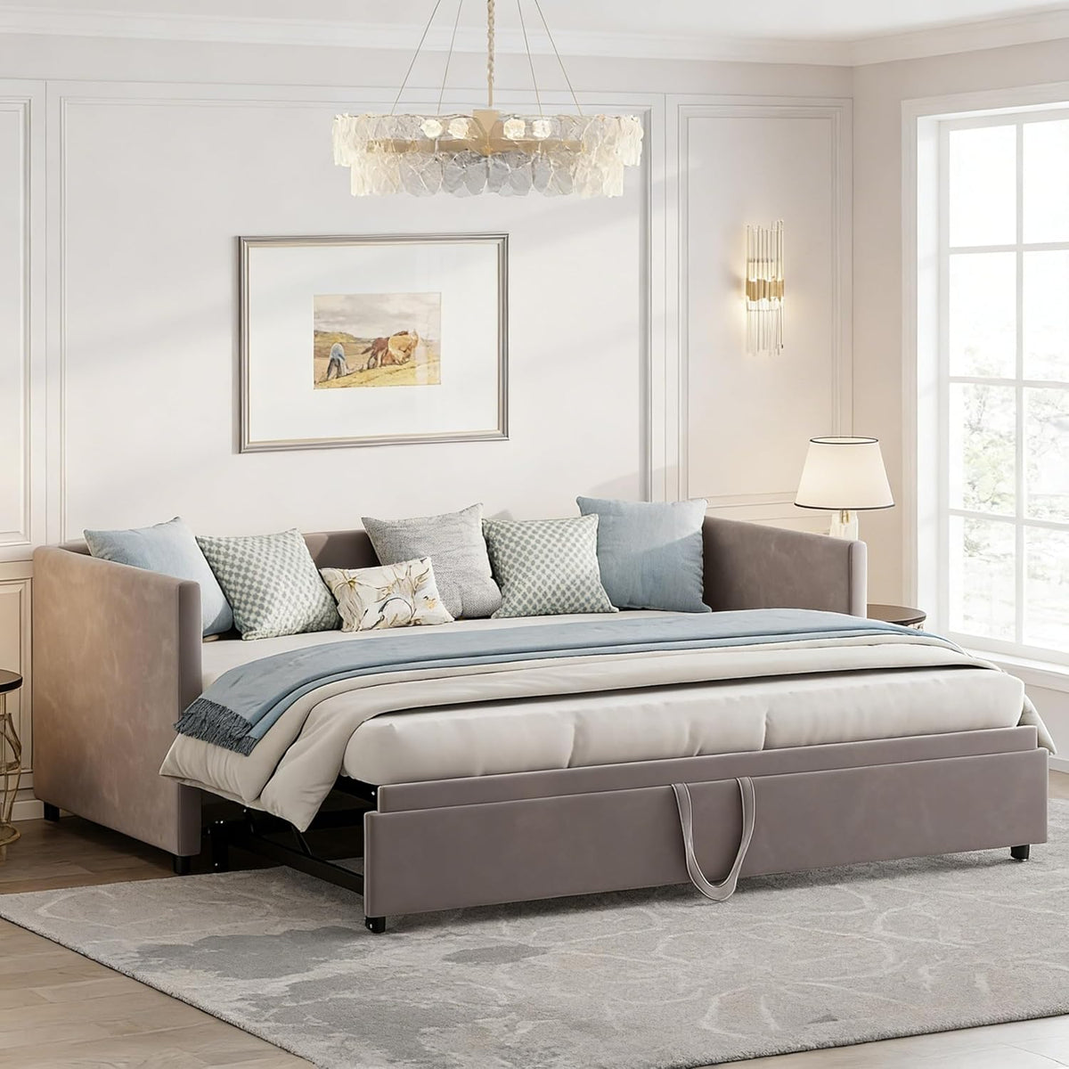 Sofa, Julyue, 180 x 200 cm, 3 W, Szary, aksamit, 2-osobowa, miejsce do przechowywania, oświetlenie LED, USB, 3 w 1