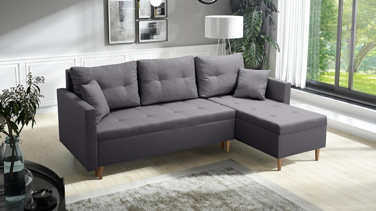 Sofa narożna, DMSM, 125x200 cm, Szary/Czarny, funkcja spania, miejsce do przechowywania, składana konstrukcja