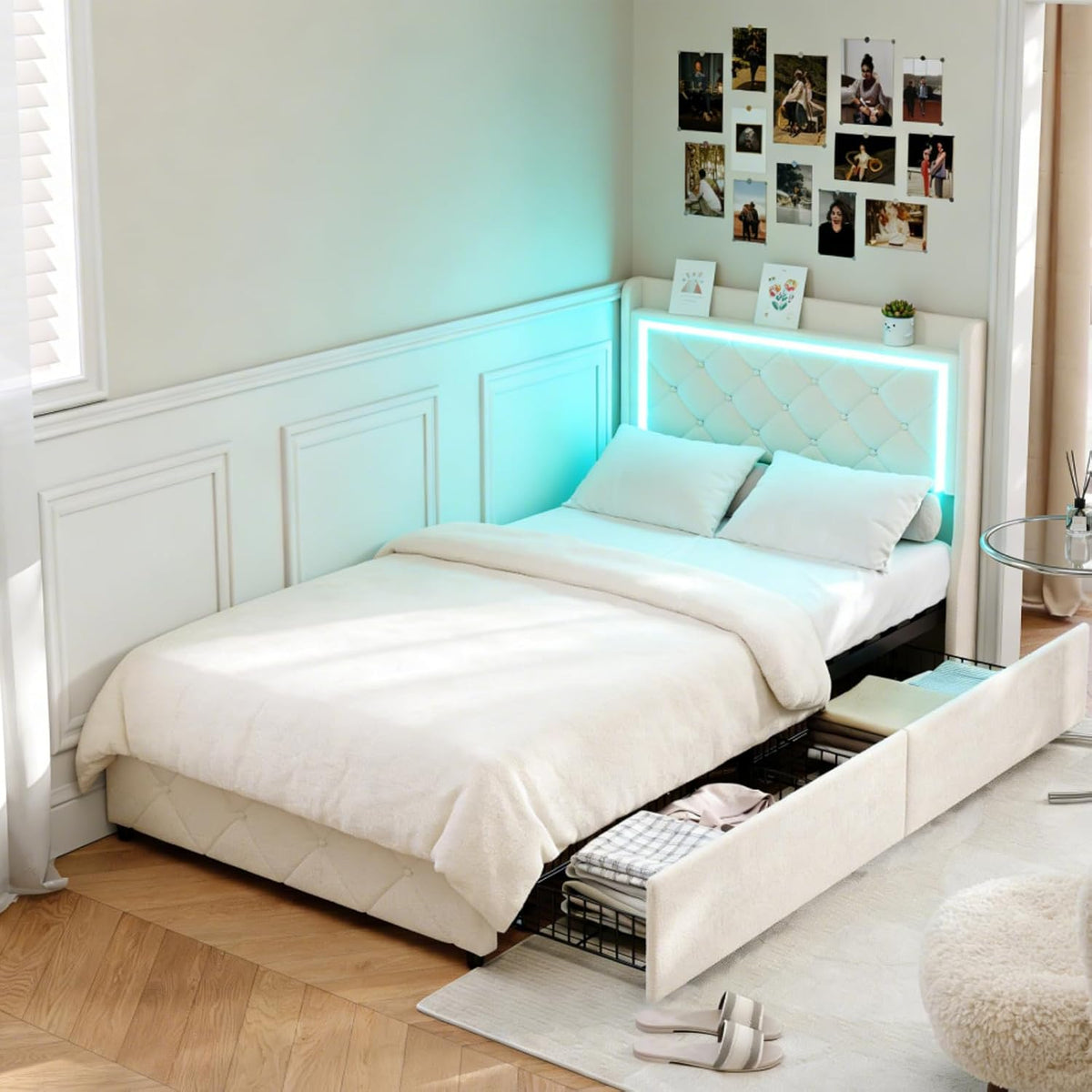 JOOKGBD, Łóżko tapicerowane, 91 x 209 x 108,5 cm, Beżowy, sztruks, 2 szuflad, oświetlenie LED, USB