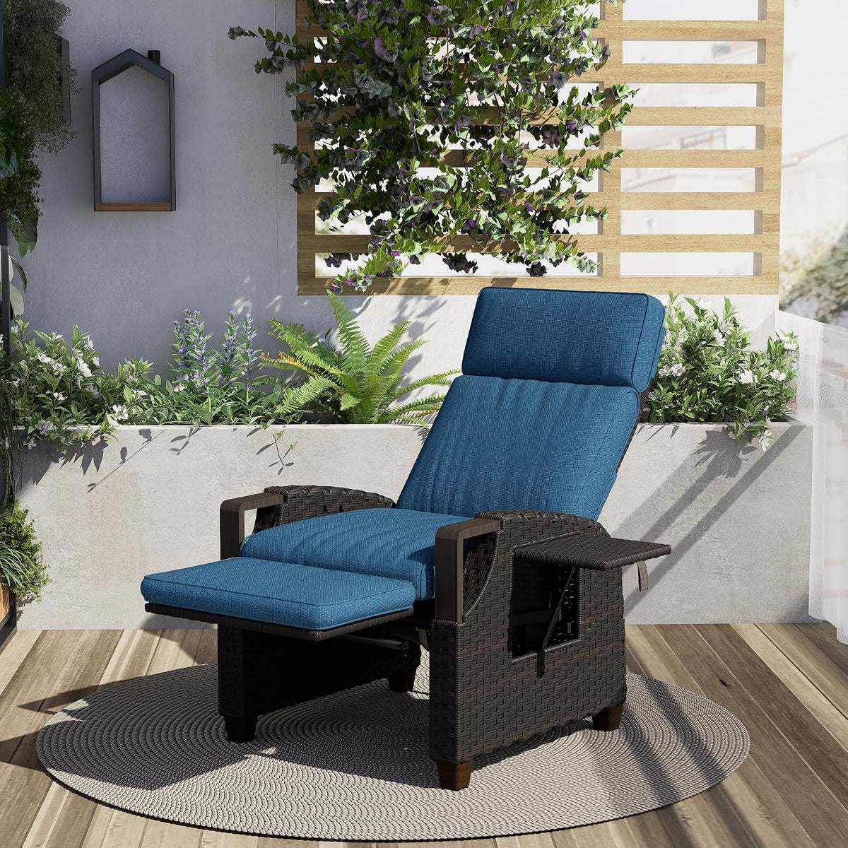Leżak, Grand patio, 190 cm, Niebieski, polirattan, regulowane oparcie, odporność na warunki atmosferyczne